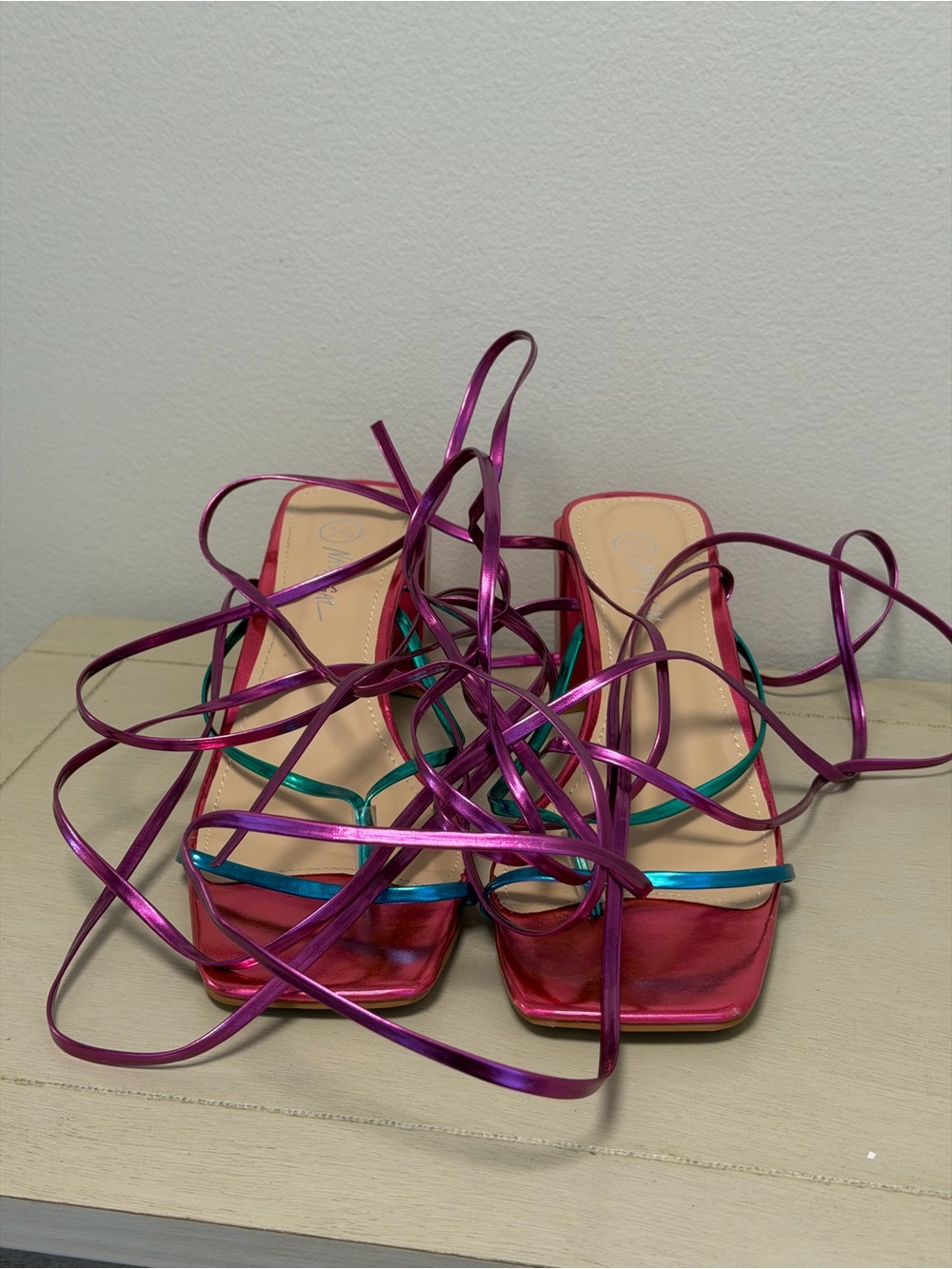 Nasty Gal Metallic Colorful Lace-Up Strappy Gladiator Block Heel Square Toe 8 - Picture 6 of 8